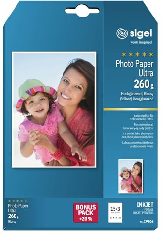 SIGEL InkJet Fotopapier Ultra 13x18 cm 260 g hochglänzend | IP706, 18 Blatt, extrem lichtbeständig für brillante Fotodrucke