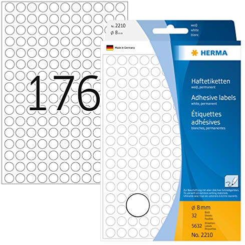 HERMA 2210 multifunktionsetiketter/runda färgade prickar (Ø 8 mm, 32 ark, papper, matt) självhäftande, permanenta märkningspunkter för handskriven märkning, 5 632 klistermärken, vit