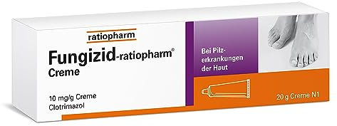 Fungizid-ratiopharm® Creme mit dem Wirkstoff Clotrimazol. Zur schonenden Behandlung verschiedener Pilzerkrankungen der Haut, wie z. B. Fußpilz. 20 g Creme