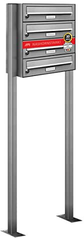 AL Briefkastensysteme 4er Briefkasten als Standbriefkasten, 4 Fach Briefkastenanlage in Edelstahl rostfrei Postkasten modern