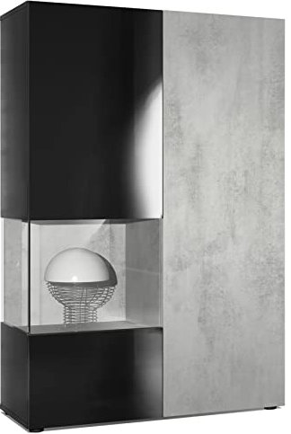 Vladon Vitrine Kommode Hochschrank Morena, Made in Germany, Korpus in Schwarz matt/Rechte Tür und der Einsatz in Beton Oxid Optik