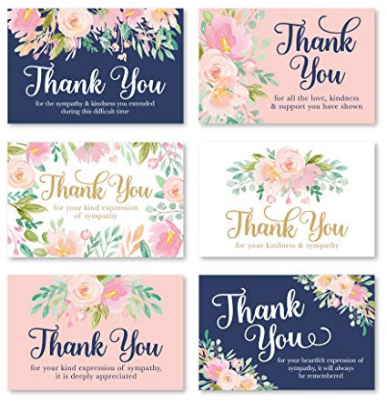 24 Navy Floral Sympathy Thank You Cards With Envelopes, Bereavement Funeral Thank You Note, Condolence Gratitude Supplies, Blue Flowers Personalized Religious Military Memorial With Message Stationery