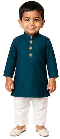 JBN Creation Ensemble de pyjama Kurta en pur coton pour garçon – Élégance ethnique pour les festivals | Pyjama kurta traditionnel confortable en pur coton tissé à la main pour enfants, Bleu nuit et