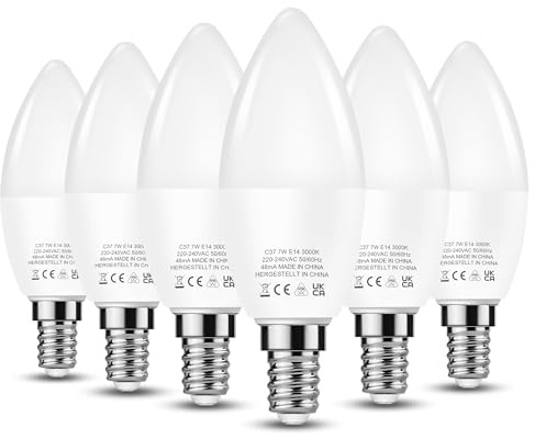 JandCase E14 LED Lampe Kerzenform Warmweiß, 60W Halogenlampe ersetzt, 7W C37 E14 LED Kerze Lampe, Warmweiß 3000K, 600LM E14 Glühbirne Kerzenform, Nicht Dimmbar, 6er Pack