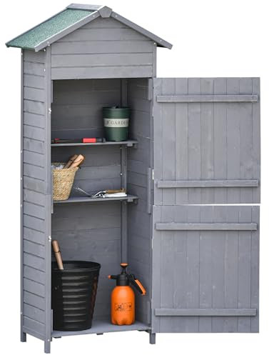 Outsunny Wooden Garden Storage Shed Utility Gardener Cabinet w/ 3 Shelves, Tilted-felt Roof and Two Lockable Doors, 79cm x 49cm x 191.5cm, Dark Grey