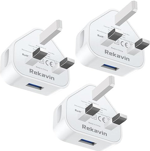 USB Plug,USB Plug Adaptor UK 3 Pin Mains Charger,3 Pack Wall Charger Head Compact Charge Head 5V/1AMP Charging for iPhone 11/11 Pro/10/Xs/XS Max/XR/X/8/7/6 Plus/5/4,iPad Pro/Air 2