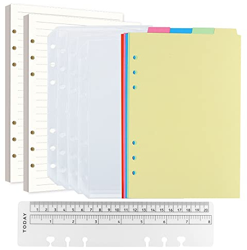 A5 Nachfüllbare Notizpapier Set,6 Löcher A5 Nachfüllbare | Notizpapier 160 Blätter, 5 Stücke Farbige Trennblätter A5, 4 Stücke A5 Umschlägbeutel, 20CM Lineal