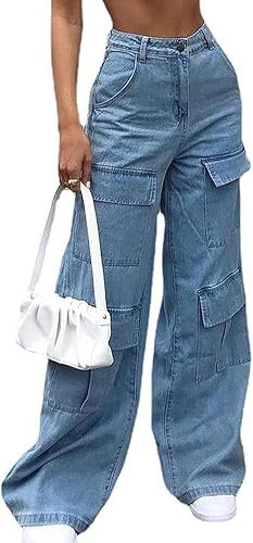 Women Multi Pocket Cargo Jeans Baggy Streetwear Y2k Trousers Flap Pocket Pants Wide Leg Cargo Pants, Blue, M