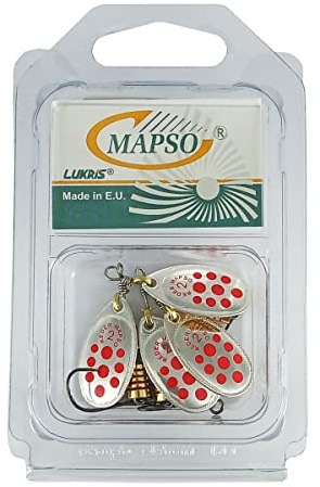MAPSO - Blister 4 cucchiaini da pesca Reder n. 2 argento rosso con amo semplice senza morte, 4,5 gms.