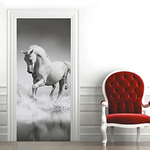 A.Monamour Türtapete Selbstklebend Türfolie Türposter 3D Weißes Pferd Das Durch Wasser Tier Thema Läuft Vinyl Folie Türdeko Tapete Wandbild Türaufkleber Türtattoo 85 x 200 cm