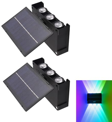 JZCDR Solar Wandleuchte Aussen RGB Solarlampe mit Schalter 2 Stück LED Außenwandleuchten Solar Wasserdicht mit Dämmerungssensor Up and Down Solar Wandlampe für Außen Balkon Garten 3 Modi RGB & Weiß