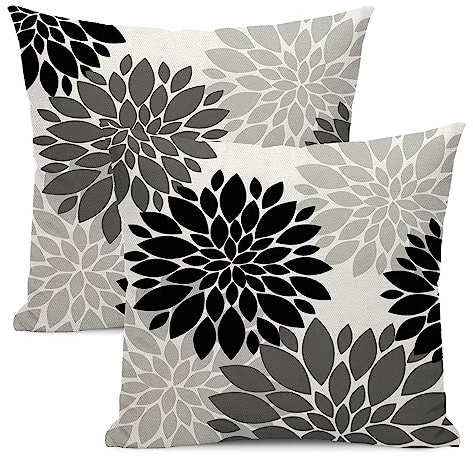 AEIOAE Schwarze Kissenbezüge, 50,8 x 50,8 cm, dunkelgraue Dahlie-Blume, Überwurfkissen, grau, moderne Geometrie, dekorative Leinen, quadratische Kissenbezüge, Outdoor-Dekoration für Zuhause,