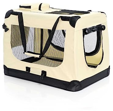 Fudajo Faltbare Transportbox für Hunde, Katzen L (70x52x50cm), robust, leicht, sicher, Hundebox mit Tragegriff und Decke, Beige