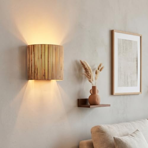 Wandleuchte Bongal, moderne Wandlampe aus Metall/Seegras in Schwarz/Natur, Leuchte im Boho-Design mit tollem Up&Down Lichteffekt, 2-flammig, 2 x E14, ohne Leuchtmittel