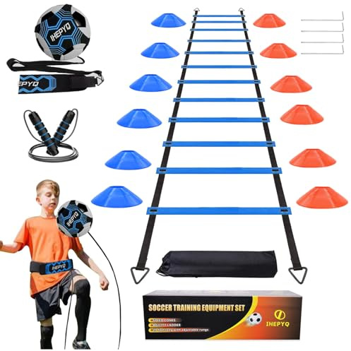 IHEPYQ Soccer Agility Training Equipment Set, 12 Rung 20Ft Agility Ladder, 12 Disc Cones,Solo Soccer Trainer, Jump Rope - Speed Training Equipment for Soccer Football Basketball-Blue