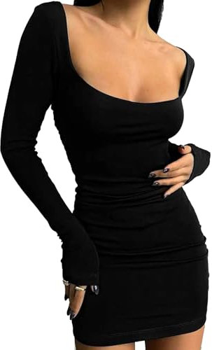 Btofellin Dress Women Casual Dress Square Neck Slim Long Sleeve Sexy Mini Dress Bodycon Mini Dress Clubwear Party Dresses/L Black