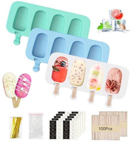 3 Groß Silikon Eisformen Eis Am Stiel, 4 Kavitäten Cakesicles Silikonform, Wiederverwendbare Magnum Cake Form mit 100 Holzstielen 50 Selbstklebende Beutel 100 Verpackungsdraht 100 Aufkleber MERHWEG