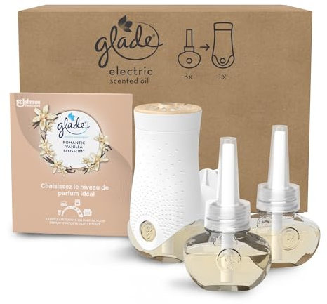 Glade Electric Scented Oil Diffuseur Réglable - Infusé Aux Huiles Essentielles - Jusqu'à 120 Jours De Parfum - Romantic Vanilla Blossom - 1 Diffuseur et 3 recharges de 20ml