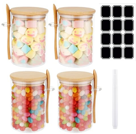 Rubessia 4pcs Bocaux En Verre Couvercles Et CuillèRes, 540ml Bocal en Verre avec Couvercle, Bocaux Rangement Cuisine Pour Céréales, Bonbons, Grains de Café