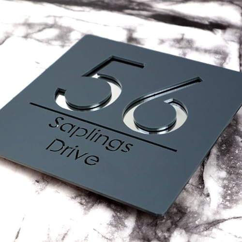 K Smart Sign | Bellissima S1 F31 | 180mm x 180mm | Acrylic 3d Laser Cut Contemporary house sign door number plaque address signs with Mirror and Marble Numbers (Matt Gray & Silver Mirror)