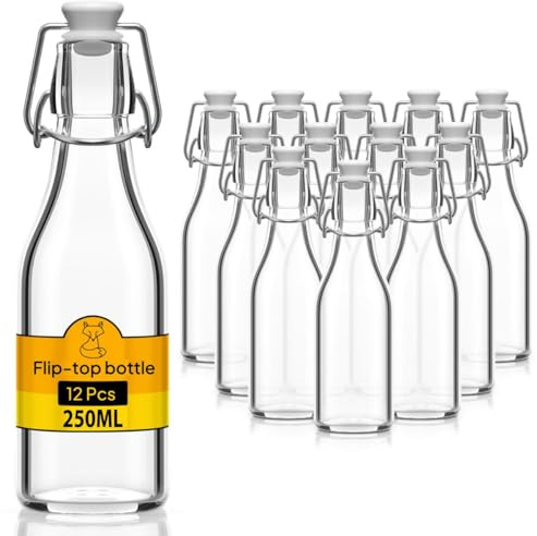 Flaschen-Fuchs Juego de 12 botellas de vidrio de 250 ml con cierre hermético - Botella para aceite, vino, licores, agua, cerveza, jugos de fruta, conservas y leche - Botellitas de vidrio pequeñas