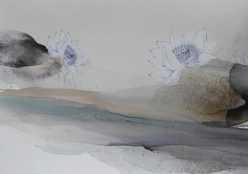 Fototapete Blumen 3D Tapeten 3D Effekt Wohnzimmer Schlafzimmer Vliestapete Moderne Tinte Blaue Lotusblume Natur Grau Graffiti Steinoptik Kinder Tapeten