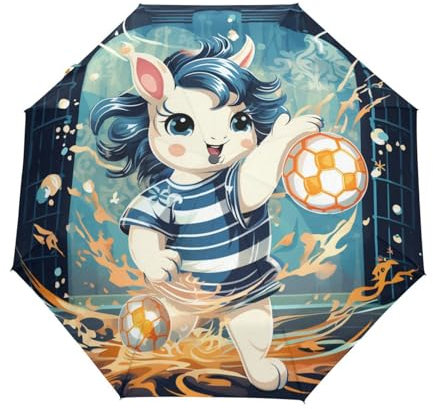 LINNIKEEEE Sport Süßes Cartoon-Einhorn Regenschirm Auf-Zu Automatik Taschenschirm Winddichter Klein Leicht Kompakt Schirme für Reise Strand Frauen