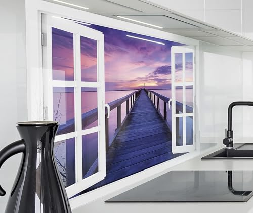 timalo Herd Spritzschutz Wand Spüle, Küche Küchenrückwand Glasoptik | Acryl Glas 2mm | Glasrückwand Acrylglas Fensterblick Fenster Küchenspiegel | 120x60cm Sonnenuntergang am See