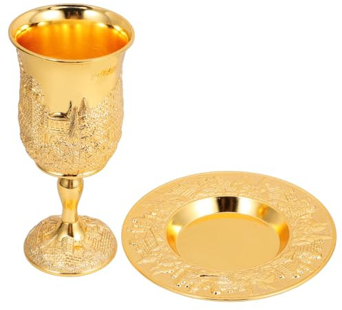 Luxshiny 1satz Kiddush Becher Aus Metall Mit Untertasse Eleganter Weinbecher Für Shabbat Und Passah Kunstvolles Design Für Festliche Anlässe