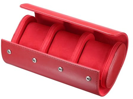 QUARKZMAN Étui de Voyage pour Montre en Cuir, Boîte de Rangement pour un Seul Rouleau de Montre, Organisateur pour Hommes et Femmes, Présentoir de Stockage, 3 Emplacements, Rouge