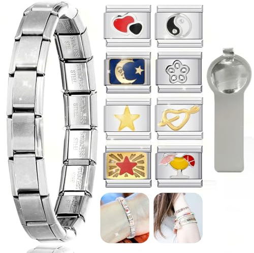 dcas 10 Conjunto de Pulseras con Colgantes de Estilo Italiano, Pulsera con Colgantes de Estilo Italiano Desmontables, Pulsera Acero Inoxidable Ajustable Pulsera de Encanto Italiano