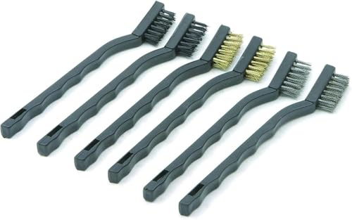 NMTech Juego de cepillos de alambre de plástico, 2 de latón, 2 de alambre, 2 cepillos de nailon, cerdas de limpieza de óxido, cepillos de limpieza de escorias de soldadura, removedor de pintura de