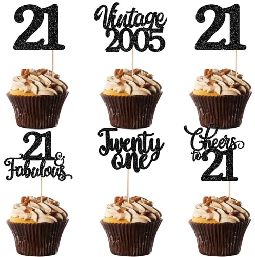 30 Pack Happy 21st Birthday Cupcake Toppers Glitter Hello 21 Twenty One Vintage 2005 Cupcake Picks Cheers to 21 Party Decorations for 21st Birthday Anniversary Party Cake Decorations Black