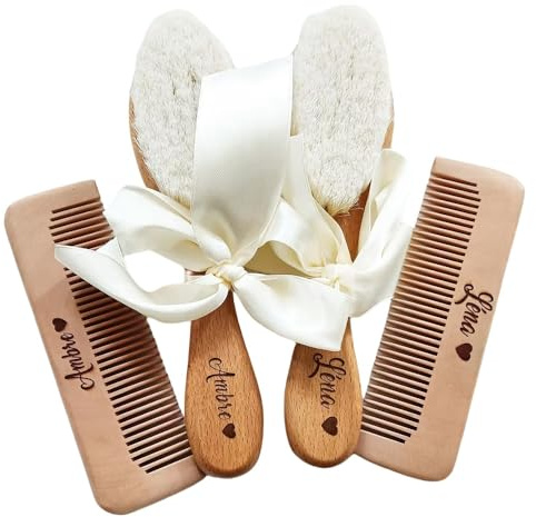 3er-Set Mit Individuellem Namen, Baby-Badekamm, Babypflege-Haarbürste, Reiner Naturwolle-Holzkamm, Neugeborenen-Massagegerät, Babyparty Und Registrierungsgeschenk