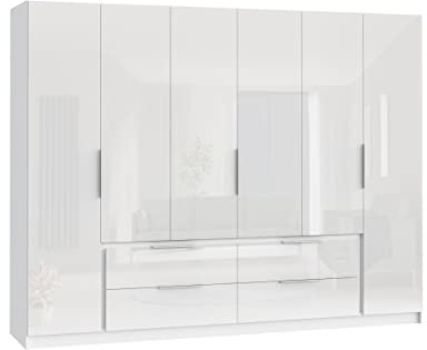 Drehtürenschrank >LUANO< Der Kleiderschrank LUANO in Weiß/Weiß Glanz bietet mit 6 Türen, 4 Schubladen und 2 Kleiderstangen viel Stauraum. Mit einer Breite von 269,7 cm und modernen Aluminiumgriffen.