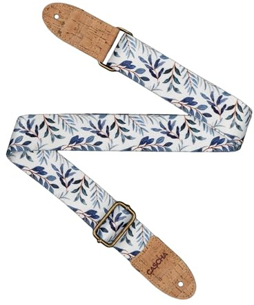 CASCHA Veganer Gitarrengurt mit Blättermuster, Polyester mit Korkenden, Blau-Weiß