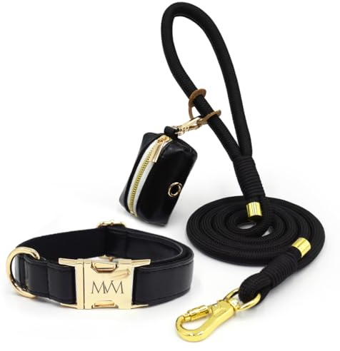 MVM Hundeleine mit Halsband & Kotbeutelspender Set - Wasserdicht & Pflegeleicht - PU Leder & Geflochtenes Nylon - Goldene Verschlüsse - Verstellbar Kleine, Mittlere & Große Hunde - [Schwarz,