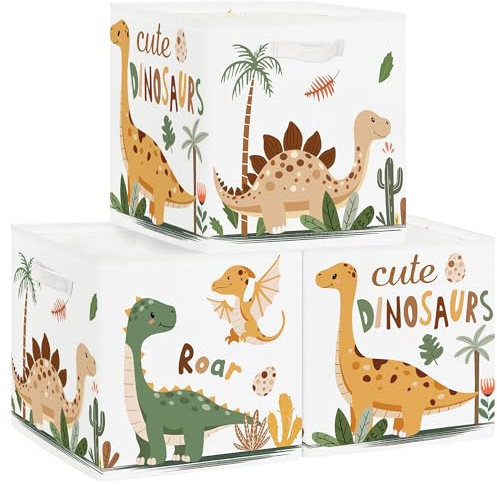 HUUMONSS 30cm Set di 3 Scatole Portaoggetti Dinosauri Boho Contenitore Porta Giochi per Bambini Pieghevole Palme Uova Cubi Portaoggetti per Libreria Kallax Scuola Materna,Cactus