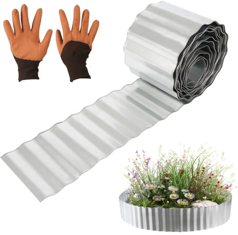 CAKKVDE Bordure de pelouse en métal 15 cm x 6 m | Bordure de jardin en acier galvanisé robuste | Bordure de paysage ondulée pour parterres de fleurs, herbe et allées (argenté)