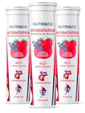 NUTRI & CO Électrolytes Hydratation - 5 Minéraux 4 Vitamines - Sans Sucre ni Édulcorant - Haute Absorption - Goût Fruits Rouges - Lot de 3 tubes - 45 comprimés effervescents Vegan Fabriqué en France