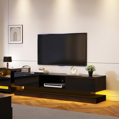 Kebnor 160 * 35 * 40.5cm Hochglanz-TV-Schrank mit LED-Beleuchtung, 2 Schubladen, App-Steuerung, Anti-Kipp-Design, für 60-Zoll-Fernseher,tv Board,tv lowboard (Schwarz)