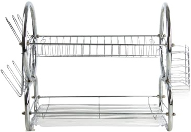 SK COOKWARE 2 Tier Stainless Steel Dish Drainer Drying Rack with Cutlery Holder Chrome Kitchen Sink Dish Rack with Drip Tray Space-Saving Countertop Organizer