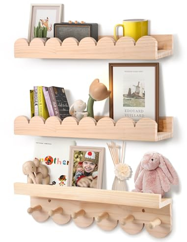 Strixorn Montessori - Juego de 3 estanterías de pared para niños (40 cm, madera, con ganchos de madera, para sala de juegos, dormitorio, salón, etc.)