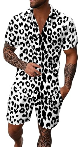 Taekwondo - Completo da uomo a maniche corte, elegante, per il tempo libero con motivo leopardato, abbigliamento estivo comodo, tessuto leggero e traspirante, alla moda, vestito con glitter rossi