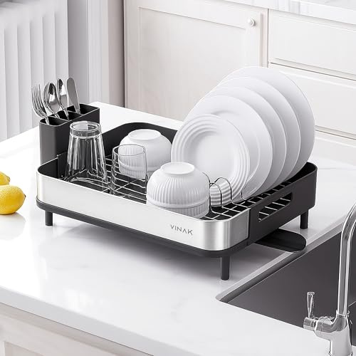 VINAK - Scolapiatti - Scolapiatti | Acciaio inossidabile | Scarico orientabile + scolapiatti | Maniglie per trasportare/riporre | Fermi in gomma antiscivolo | 42 × 32 × 11 cm