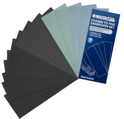 Papel de Lija,Juego de 25 hojas de lija fina 1000/2000/3000/5000/7000 grano, lija húmeda/seca, 9 x 3,6 Inch, apta para automóviles, acabado de muebles de resina y acabado de torneado de piedra | Papel de lija de agua, 23 x 9 cm, juego de papel de lija para madera, metal, coche, piedra