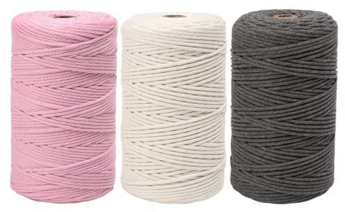 KINDPMA Corda Macramè Set, 3mm x 200m Filo Macramè in Cotone per Fai da Te, DIY Arazzi, Piante Sospese, Decorazioni Boho, Cestini Sospesi (Beige, Rosa chiaro, Grigio scuro)