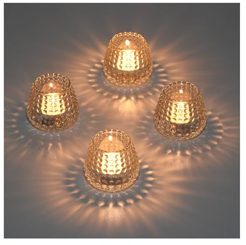 YoHyien Set of 4 Glass Tea Light Candle Holders, Clear Tealight Holders for Table Centerpiece, Votive Candle Holders for Christmas, Wedding, Birthday Party, Home Decor (Polka Dots)