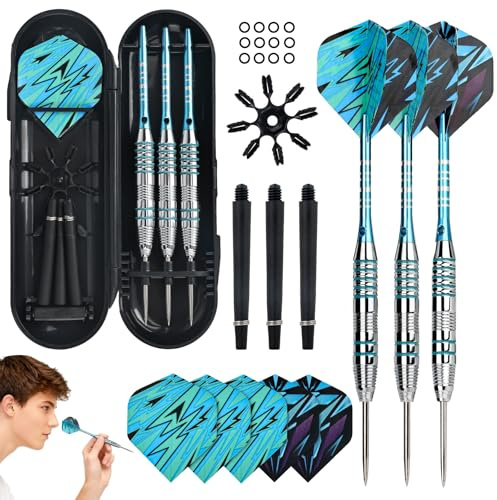 YYTECH Dartpfeile mit Metallspitze, 22 Gramm Profi Steeldarts, Steel Dartpfeile Set 3 Aluminium Schaft mit Extra 3 Flying Escort Wings+3 Frosted Spare Pole+Flight Protector+Anti Slip Ring