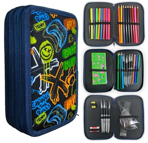 Glamifyr Federmappe Jungen,Mäppchen Jungs,Federtasche 3 Fächer,Federmäppchen Jungen,Federmappe Federmäppchen Groß XXL,Bonus Buntstiften,Bleistiften,Wasserfarben Stiften,Lineal, Radiergummi usw